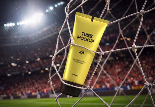 Cosmetic Tube Mockup Hanging on Football Goal Net with Stadium Background
