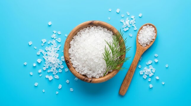 Fresh dill and large crystals of sea salt in a wooden bowl and spoon on a blue table.