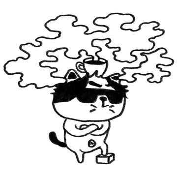 Coffee cat  funny doodle hand draw line art illustration 
