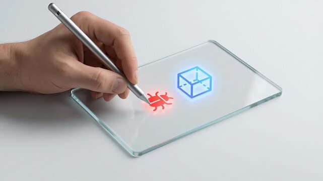 AI cybersecurity risk management with cloud computing automation icons on transparent digital tablet stylus pen showing glowing bug and cube symbols representing digital security and risk control