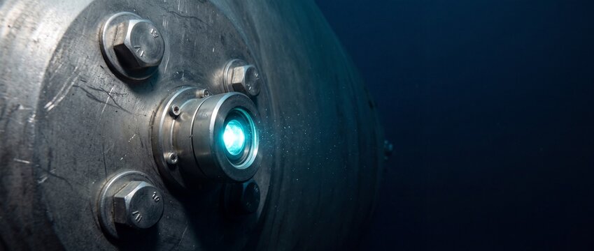 High pressure deep sea camera lens module with metallic protective casing and glowing blue light illuminating surrounding dark murky waters