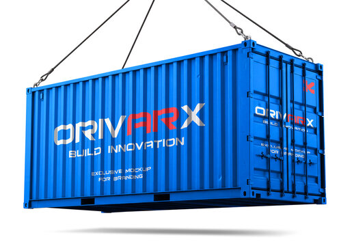 Blue Shipping Container Mockup Hanging on Cables on White Background