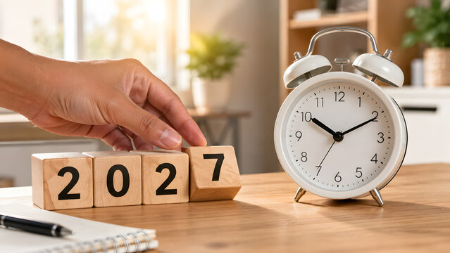A man is turning a wooden block with his hand next to an old alarm clock on a wooden table, changing the year to 2027, symbolizing time, planning, and the future.