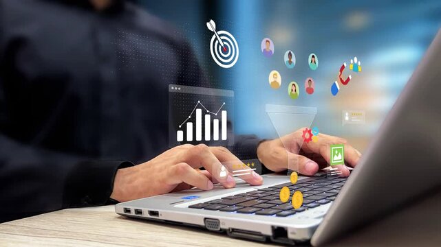 Marketing Funnel Sales, Lead Generation, CRO, Conversion Rate Optimization. Entrepreneur Reviewing Insights of Customer Data. Targeted Audience, Selective Ads Campaigns, Business Analytics. 4K Video