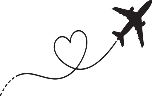 Airplane silhouette with a heartshaped flight path trail