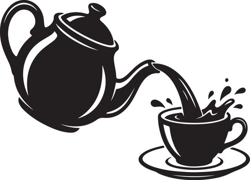 Black and white illustration of a teapot pouring tea into a cup with splashes