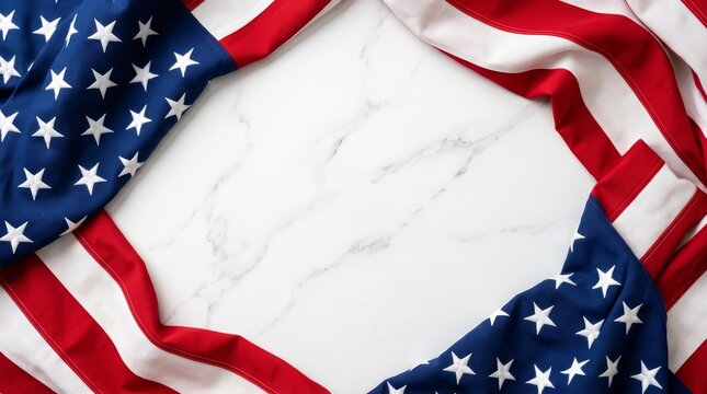 Freedom and independence themed American flag border on elegant white marble.