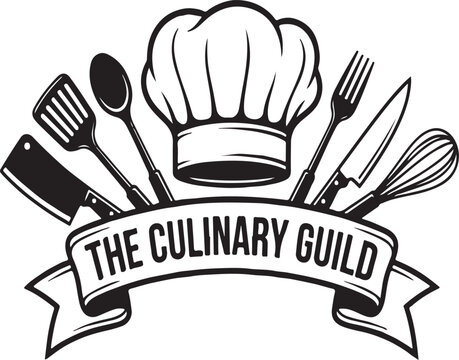 Chef hat and kitchen utensils icon set vector illustration of a toque, spatula, spoon, fork, knife, and whisk arranged with a banner