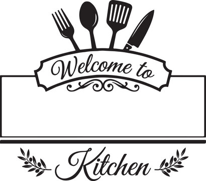 Kitchen wall decal design with cooking utensils, fork, spoon, spatula, knife, and decorative flourishes, vector illustration