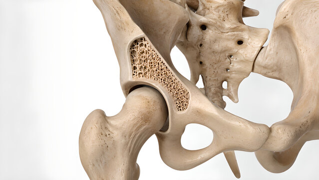 Osteopenia bone anatomy with mild low bone density, photorealistic medical 3D render showing preserved structures and copy space for healthcare, radiology, medical education, and patient awareness use