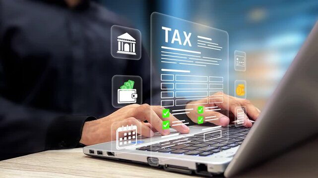Online Tax Form, Digital Tax Return, Financial Compliance, Accounting. Businessman Filling Tax Form on Laptop Virtual Screen. Business Finance, Income Tax Preparation, Government e-Filing. 4K Video
