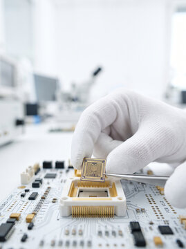 Hand in White Glove Placing Microchip into Circuit Board with Tweezers