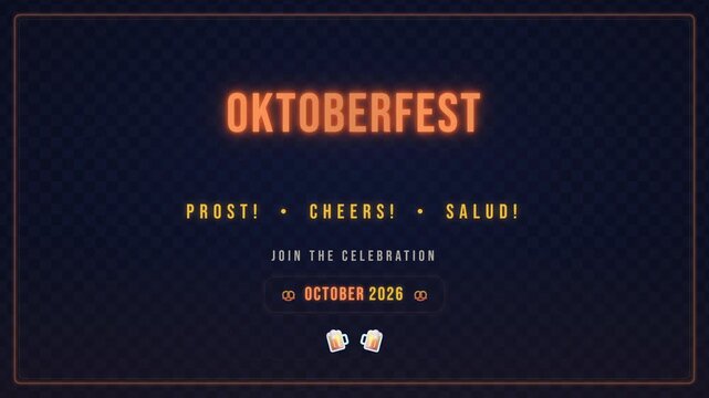 Animated Oktoberfest 2026 promotional title card with beer icons on dark background