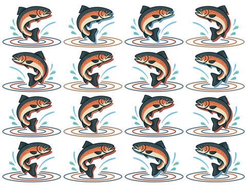 Seamless pattern of jumping trout fish with water splashes and ripples on white