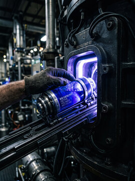 Worker Inserting Bio-Catalyst Container into Industrial Recycling Unit