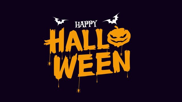 Happy Halloween text design with a dripping effect and a carved pumpkin illustration, set against a dark purple background with flying bats