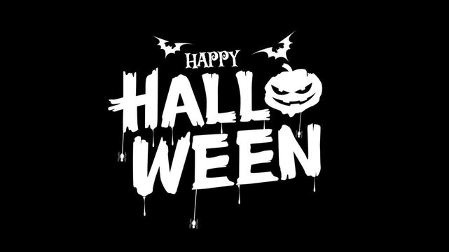 A stylized white 'Happy Halloween' text graphic featuring dripping letters, a jack-o'-lantern face, and bats against a stark black background, conveying a spooky holiday mood