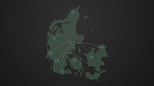 Denmark Map Animation with Signal Transmission Between Two Locations, Digital Communication Network