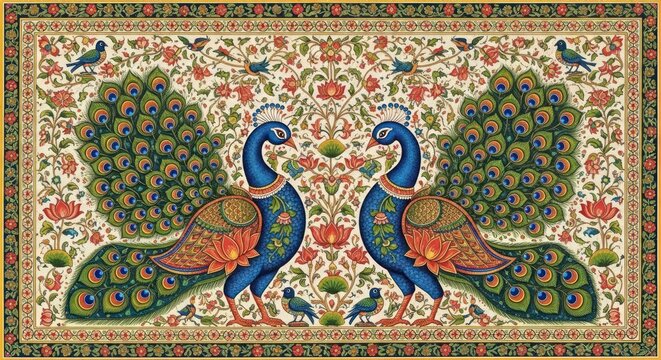 Exquisite Indian Peacock Art Painting with Intricate Floral Motifs.