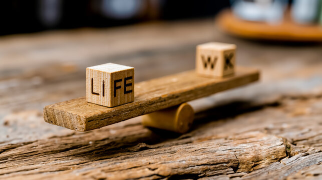A wooden balance beam with the words life and work on it