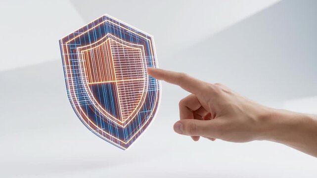 Hand interacts with digital shield symbol representing ai cybersecurity risk management cloud computing automation highlighting protection and control digital technology systems and data security