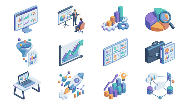 Colorful isometric business and technology icons set.