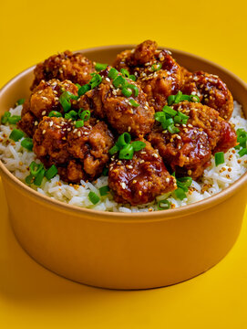 A bowl of fried meat and rice with green onions on top