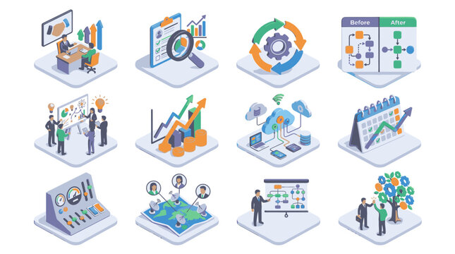 Colorful isometric business and technology icons set.