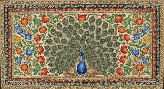 Exquisite Indian Peacock Art with Floral Border and Intricate Details.
