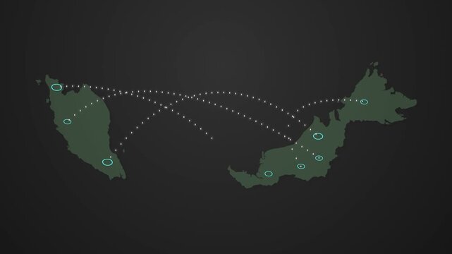 Malaysia Map Network Animation with Data Signals Connecting Different Locations