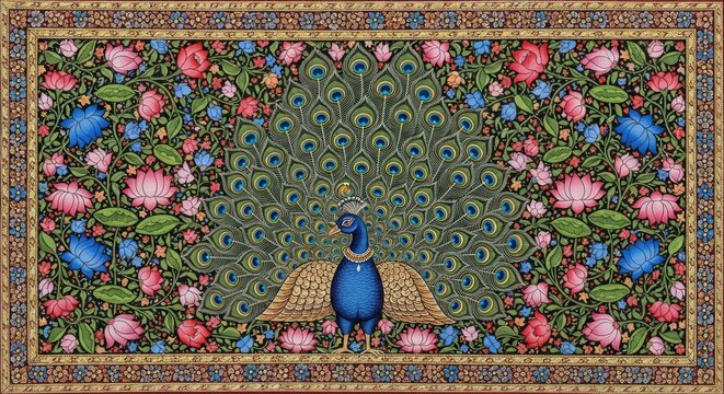 Exquisite Indian Peacock Art with Floral Border.