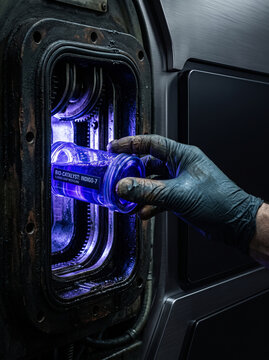Gloved Hand Inserting Bio-Catalyst Container into Industrial Recycling Machine