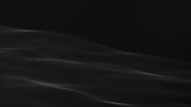 Dark mode abstract particle wave background with soft dotted motion and deep digital depth, perfect for technology presentations, data visuals, network design and modern motion graphics.