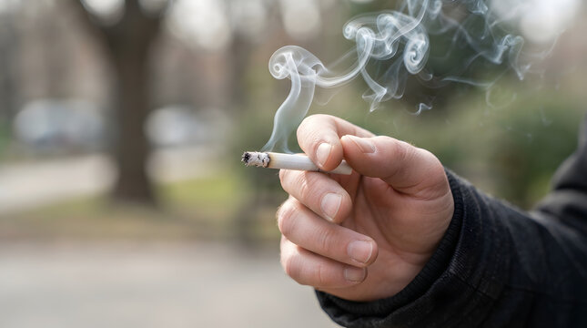 A close-up image of a hand holding a lit cigarette, with smoke curling gracefully upwards, symbolizing the addiction, health risks, and complex habits of smoking. Ideal for public health campaigns .