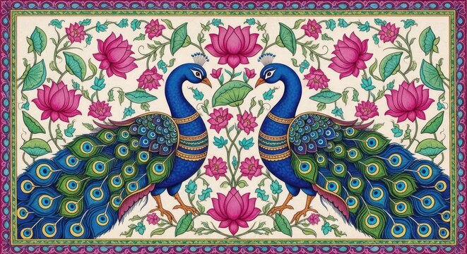Exquisite Indian Peacock Art with Floral Motifs.