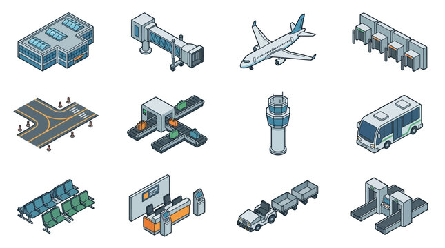 Airport terminal infrastructure illustrates travel logistics featuring large aircraft, passenger boarding bridges, control tower systems, luggage transport vehicles, and modern departure lounge areas.