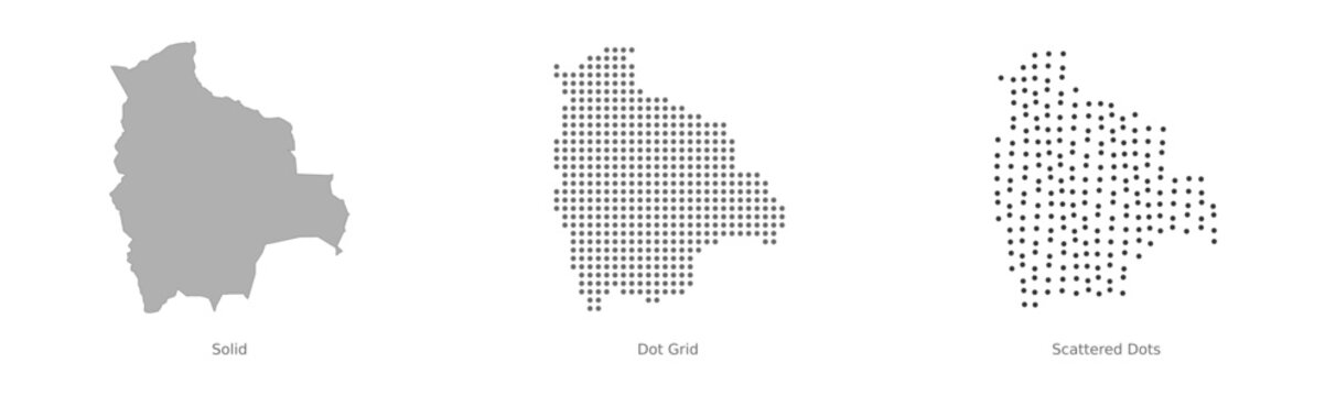 Bolivia map variations including solid silhouette, dot grid pattern, and scattered dots style