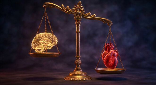 Golden scale balancing a human brain and heart for concepts of logic versus emotion, mental health, and spiritual equilibrium perfect