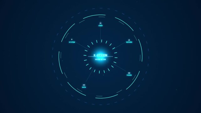 Abstract futuristic circular interface with glowing blue digital elements and data points on a dark background, tech HUD display