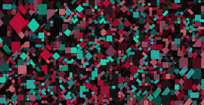 Abstract digital pattern of overlapping teal and red rectangles and squares creating a vibrant geometric mosaic on a dark background for design
