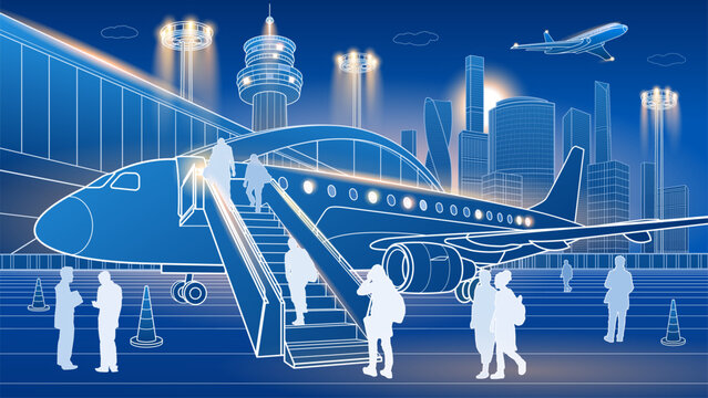 Modern airport terminal with passenger airplane boarding, illuminated runway lights, jet bridge, travelers and futuristic city skyline at night in clean blue line art style.