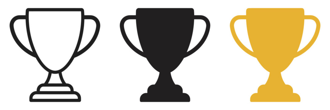 Minimalist trophy cup icons set, golden and black winner award symbols, flat vector championship trophies for sports and business achievement