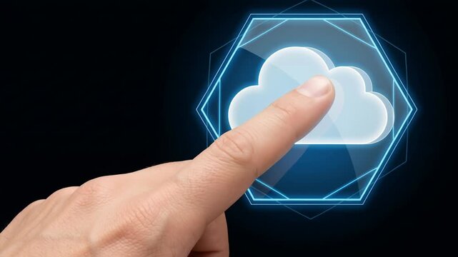 Finger touches glowing cloud icon symbolizing cloud computing with ai automation cybersecurity risk management digital technology and hexagon shaped digital cloud icon highlighting cybersecurity