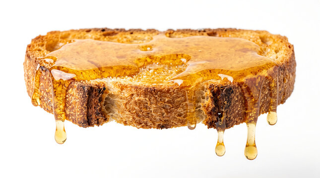 Delicious golden honey dripping from a slice of freshly toasted crusty artisanal bread