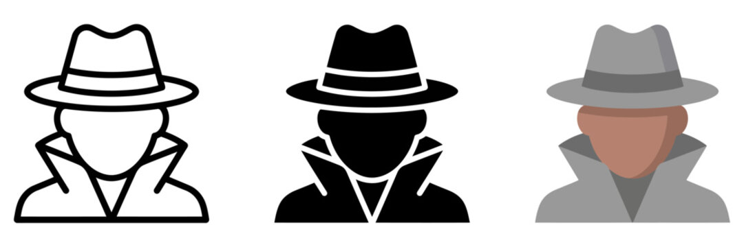 Mysterious spy avatar icons in three styles, secret agent character wearing fedora hat and trench coat, private investigator vector set