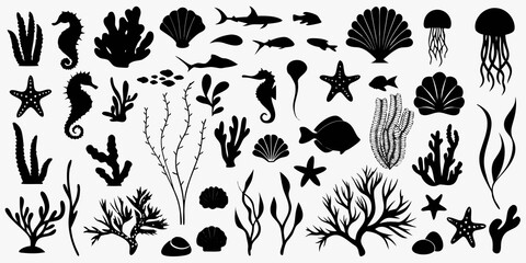 marine life silhouette collection on white background fish seahorse jellyfish starfish coral shell © Smritykona