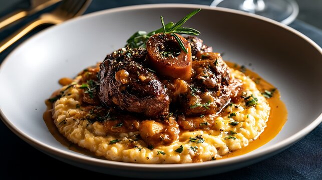 Osso Buco with Creamy Polenta on a Ceramic Plate.