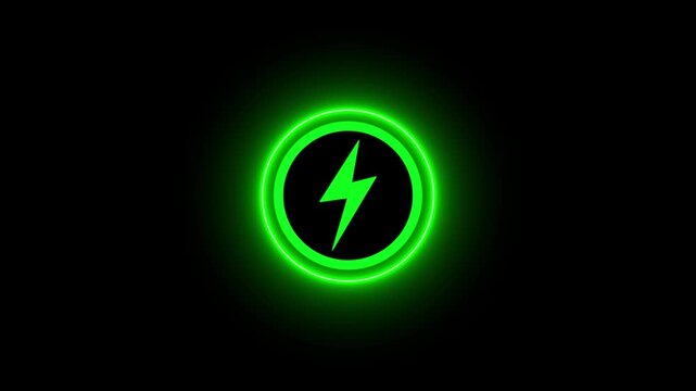 Neon glowing battery charging icon animation with neon circle. Neon power button icon color glowing colorful animation in black background, 4k vieo.