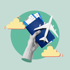 Travel plans for a journey with a passport, boarding pass, and airplane model in hand against a light background © fotofabrika