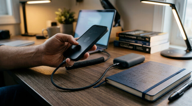 Hand holding smartphone above desk camera, usb-c cable, notebook, and spare battery pack in home office for mobile testing and firmware update workflow.